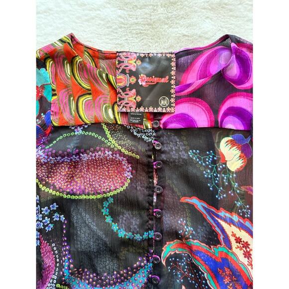 Desigual Sheer Multi Color Floral Print Long Sleeve Tunic Blouse Top Y2K Size M - Picture 8 of 9